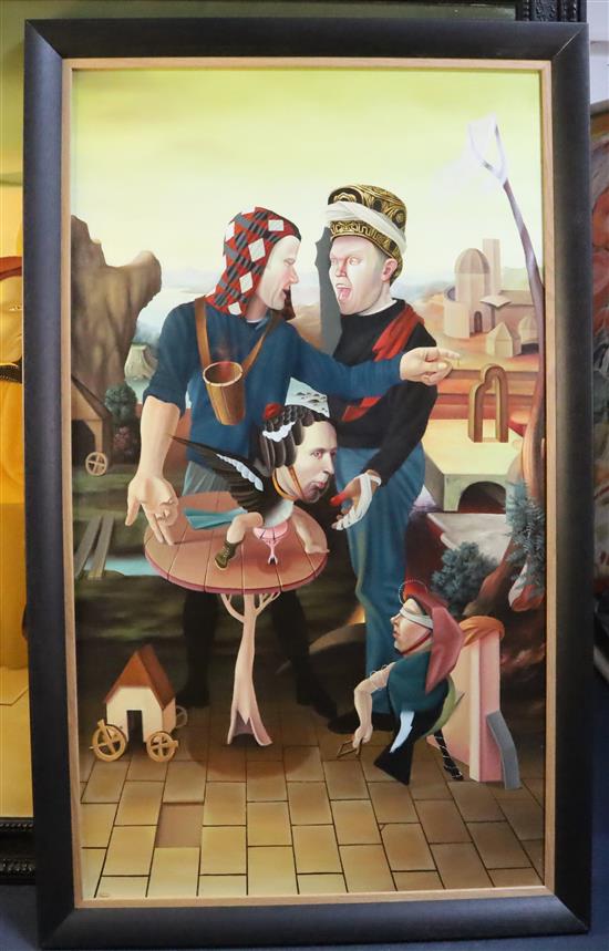 § Stuart McAlpine Miller (1964-) Surrealist landscape with figures beside a table 47.5 x 27in.